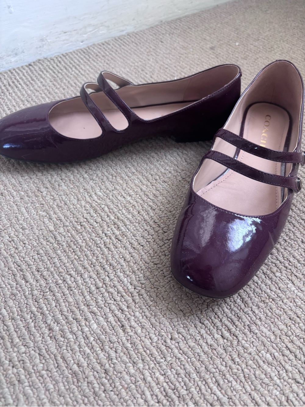 Coach Patent Leather Double-Strap Flats in Plum